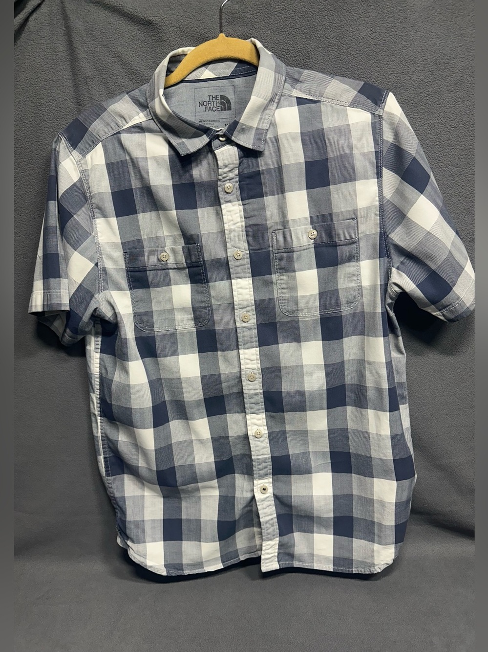 The North Face Men's Navy and White Check Short Sleeve Button-Up